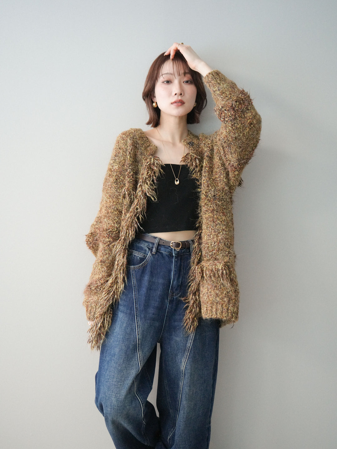 [SET]ミックスヤーンフリンジデザインニットジャケット+裏起毛加工デニムカーブパンツ(2set)