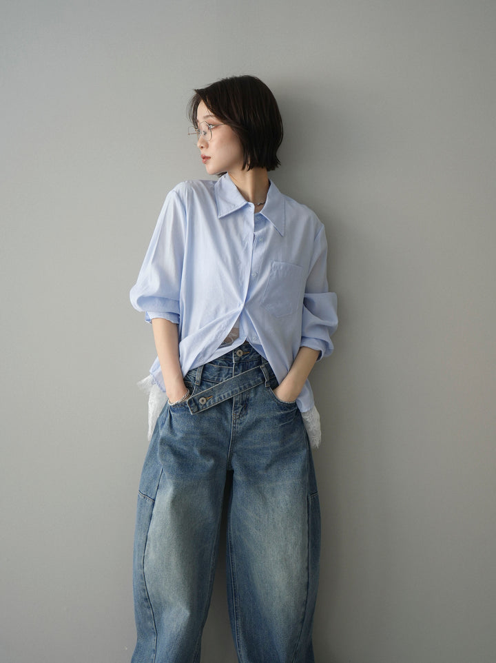 [予約]レイヤードデザイン裾レースブラウス/blue