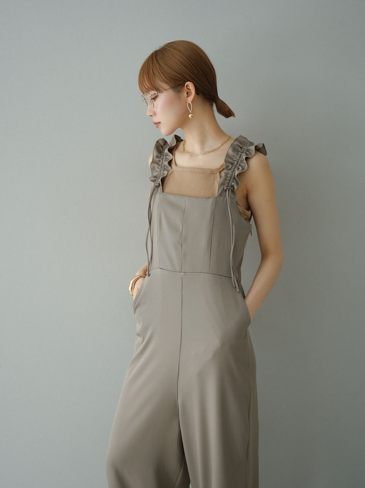 [預訂] 繫帶荷葉邊連身衣/灰褐色