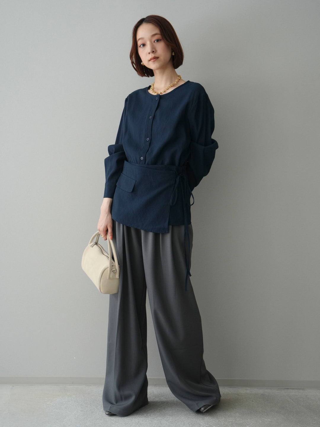 [予約]コットンライクラップブラウス/navy
