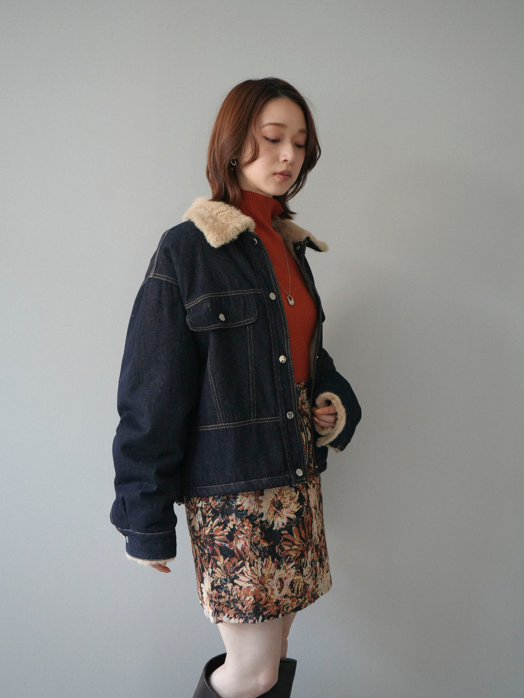[予約]デニム×ファーステンカラーショートジャケット/indigo