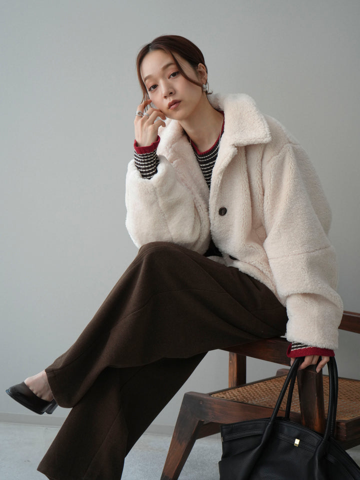 [SET]エコファーステンカラージャケット+ラメ異素材ボーダーリブニットプルオーバー+ベルト付起毛コクーンパンツ(3set)