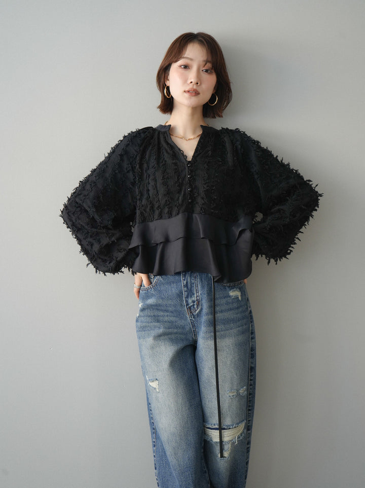 [SET]ジャガードぺプラムフリルブラウス+選べるアクセセット(2set)