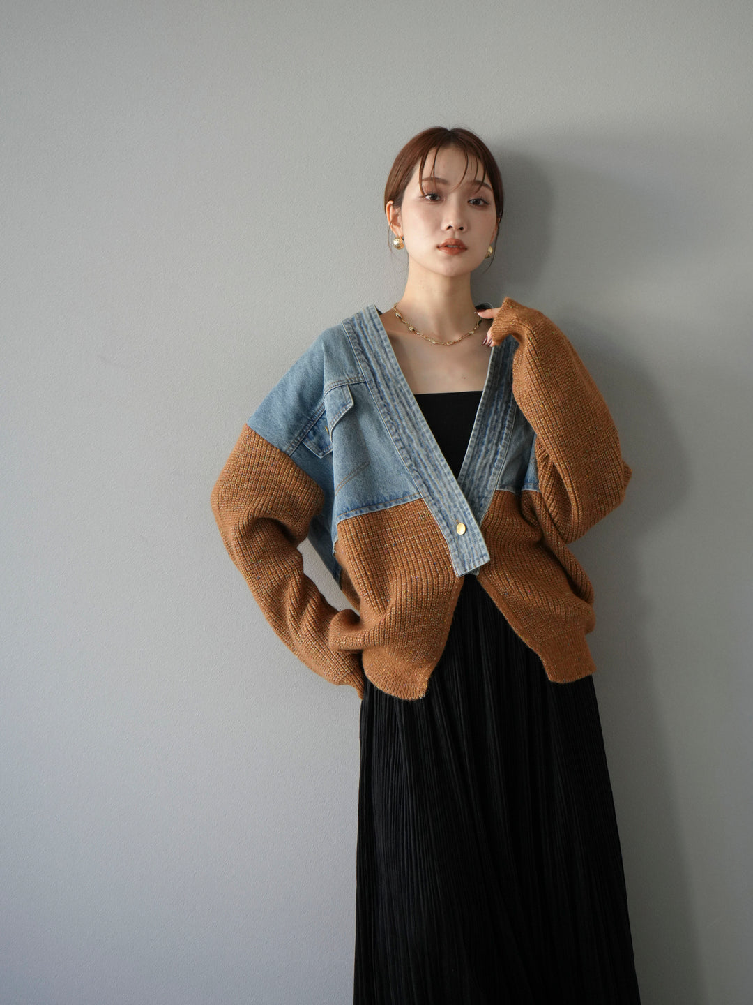 [予約]デニム切替ネップニットカーディガン/キャメル