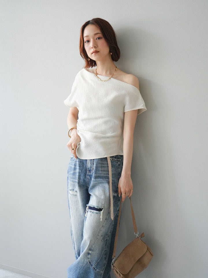 [予約]クレープアシンメトリーギャザートップス/white