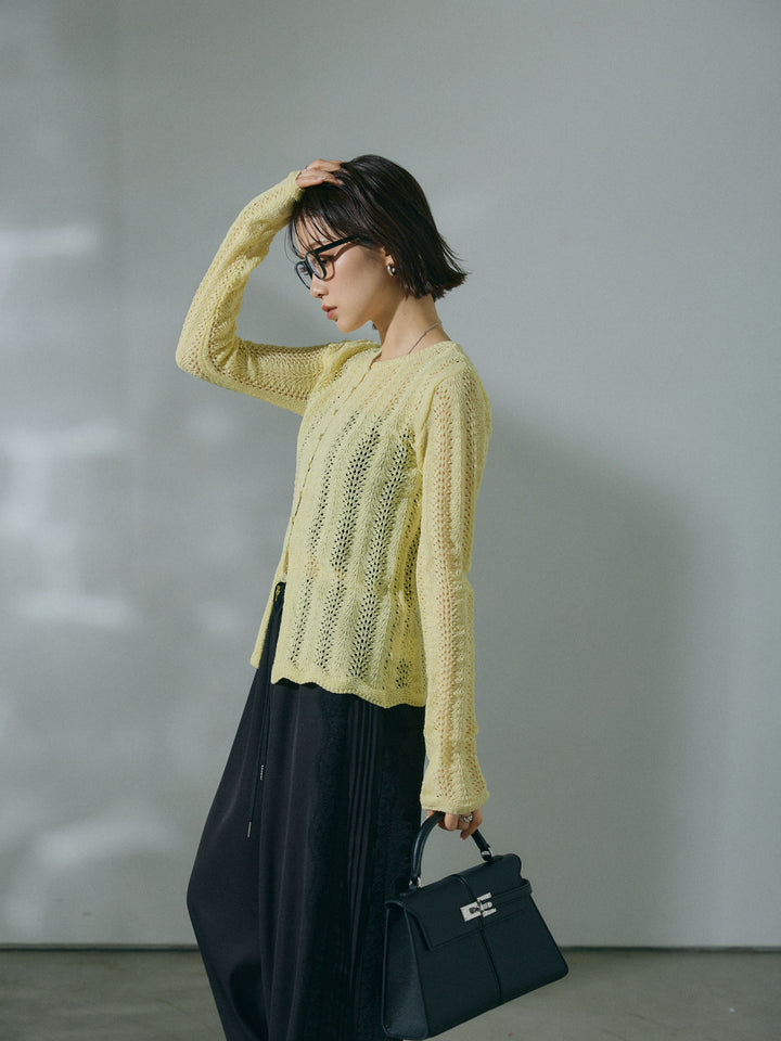 【Allure】[SET]透かし編みニットカーディガントップス+サイドピンタックレースイージーワイドパンツ(2set)