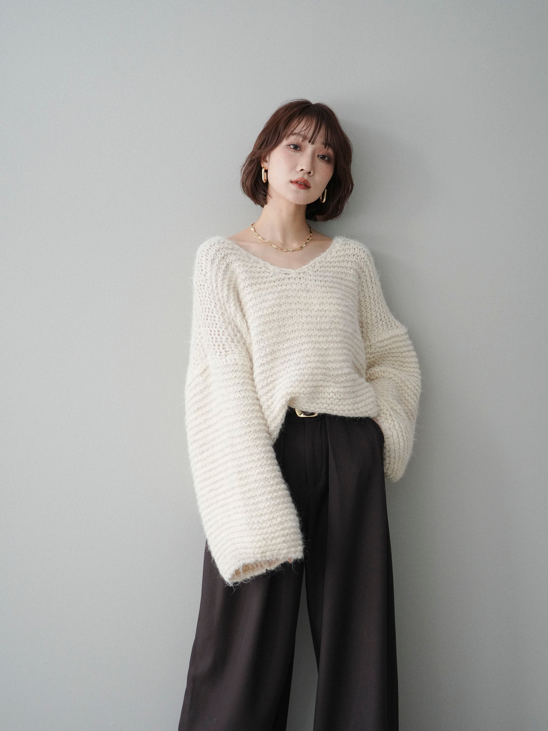 [予約]ワッフル編みシャギーニットプルオーバー/apricot