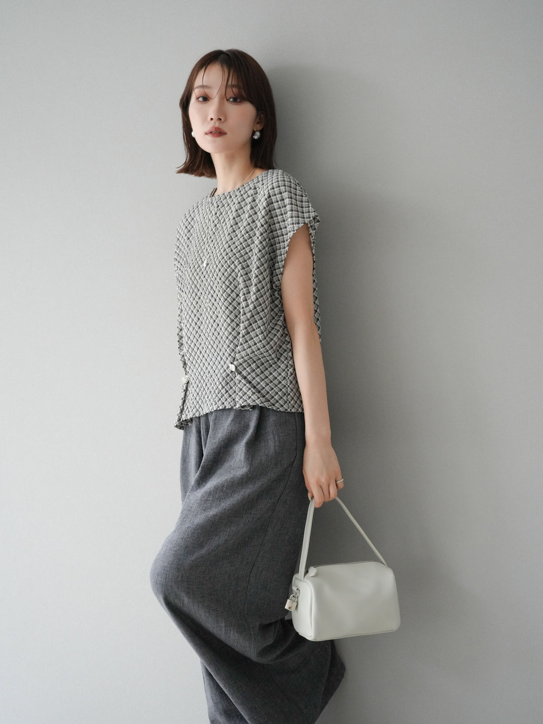[予約]チェック柄タックデザインフレンチスリーブトップス/ブラック