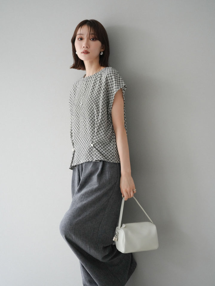 [予約]チェック柄タックデザインフレンチスリーブトップス/ブラック