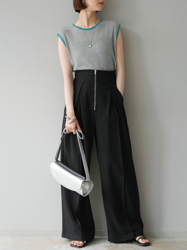 [予約]リネンタッチ配色ニットノースリーブプルオーバー/モクグレー