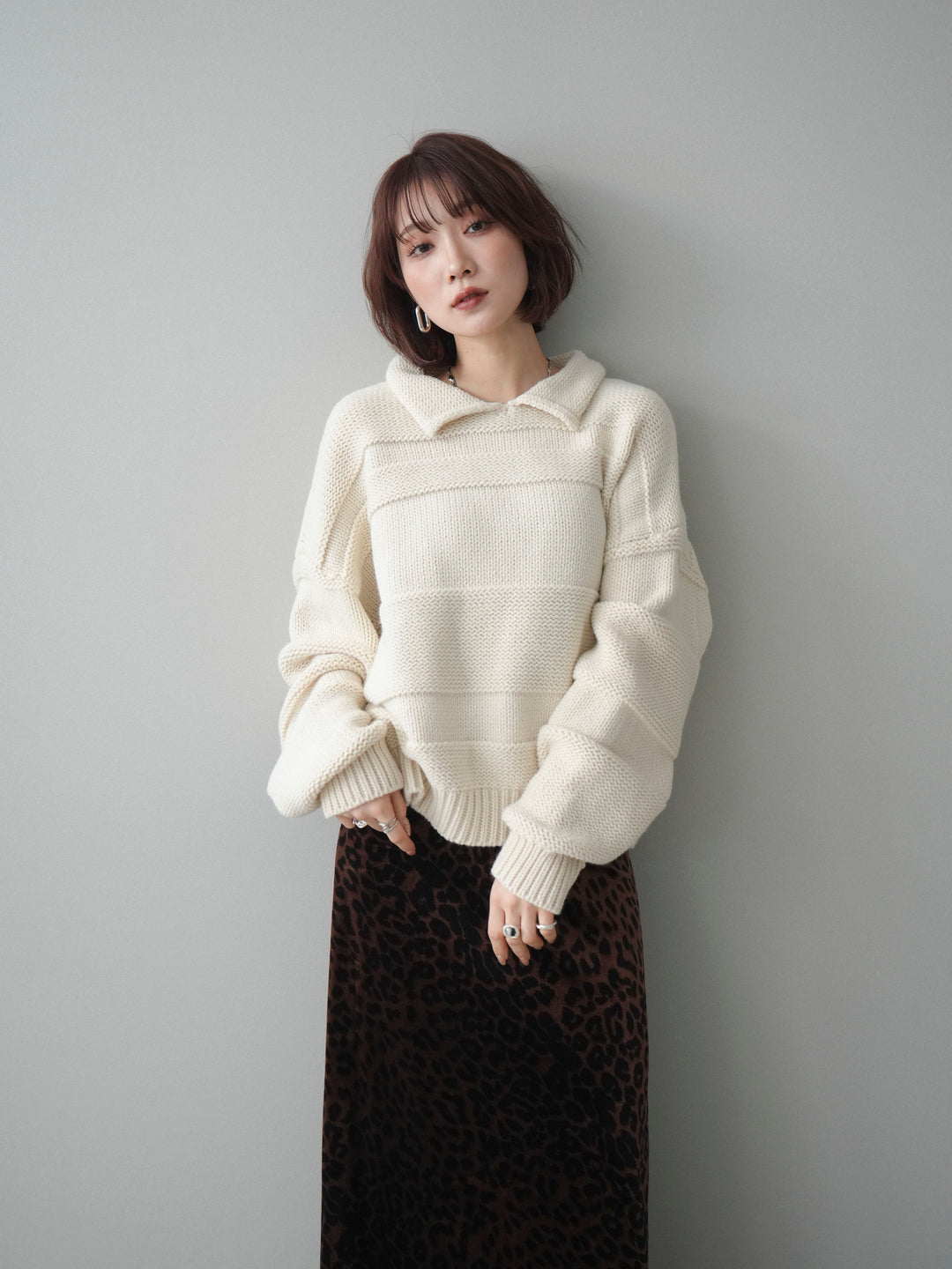 [SET]襟付きボーダー編みニットプルオーバー+レオパードベロアナロースカート(2set)