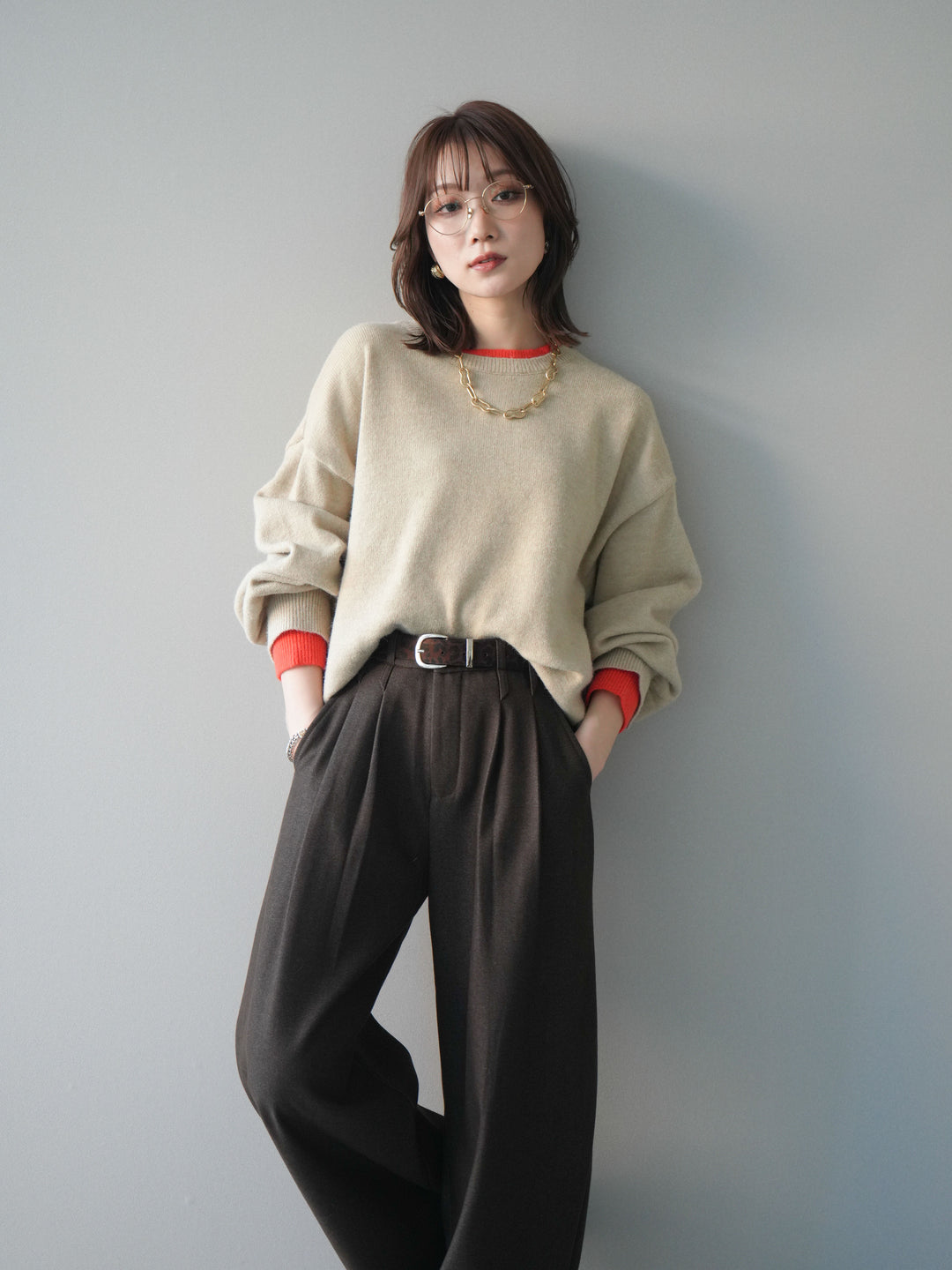 [予約]ヘンリーネック配色レイヤードニットプルオーバー/beige