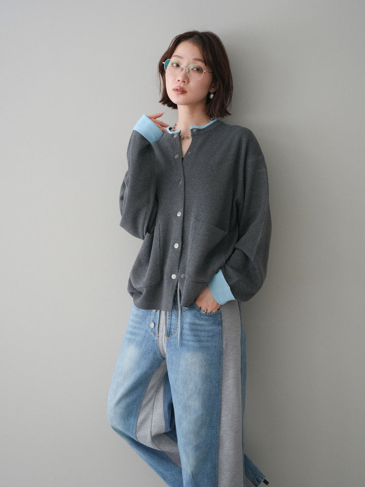 [SET]バイカラーオーバーニットカーディガン+デニム切替スウェットパンツ(2set)