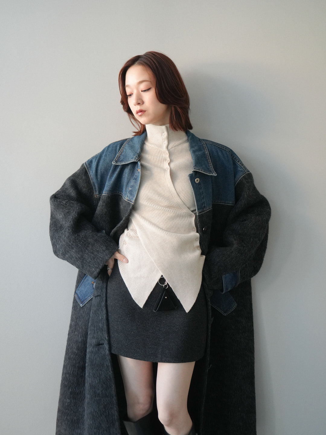 [SET]デニム切替シャギーステンカラーコート+ウールタッチベルト付ミニスカート(2set)