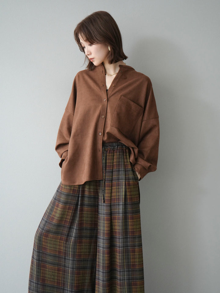 [SET]スエードバンドカラーオーバーシャツ+シアーチェックバギーパンツ(2set)