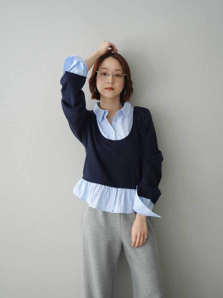 [SET]ストライプシャツUネックドッキングニットプルオーバー+イージーポンチワイドパンツ(2set)