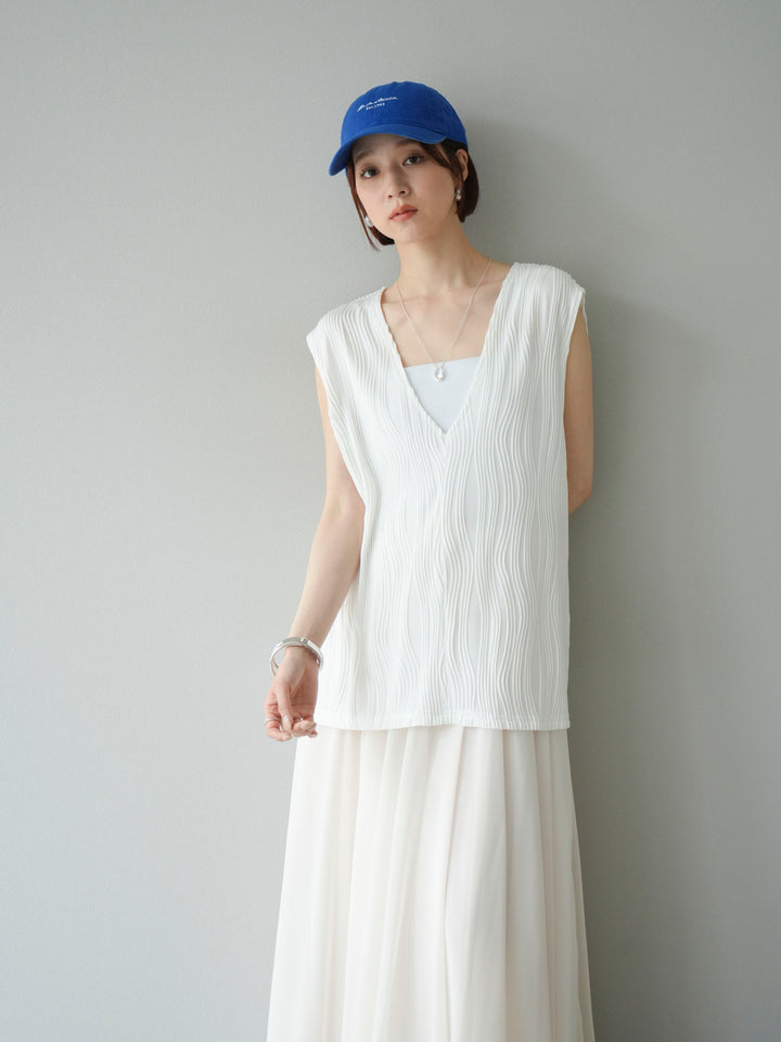 [SET]ウェーブパイピングVネックベスト+シフォンフレアスカート(2set)