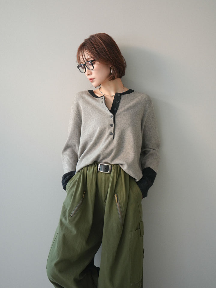 [SET]ヘンリーネック配色ニットソー+ヘンリーネック配色ニットソー(2set)
