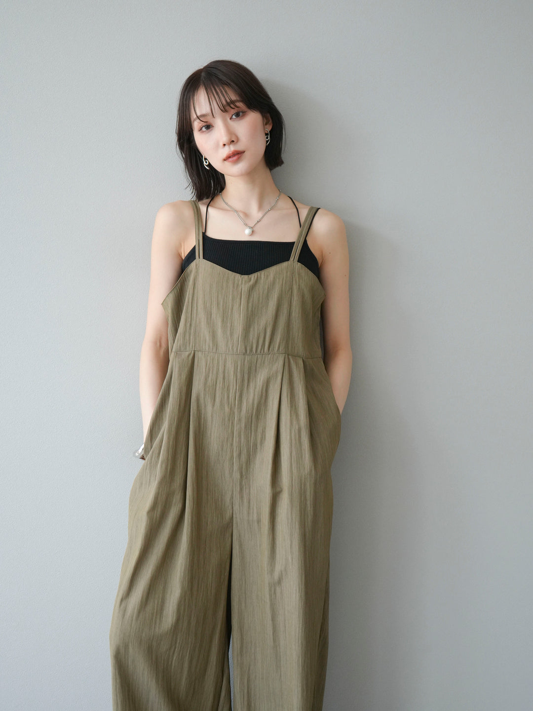 [SET]リネンライクビスチェデザインサロペット+ダブルストラップカットリブブラキャミソール(2set)