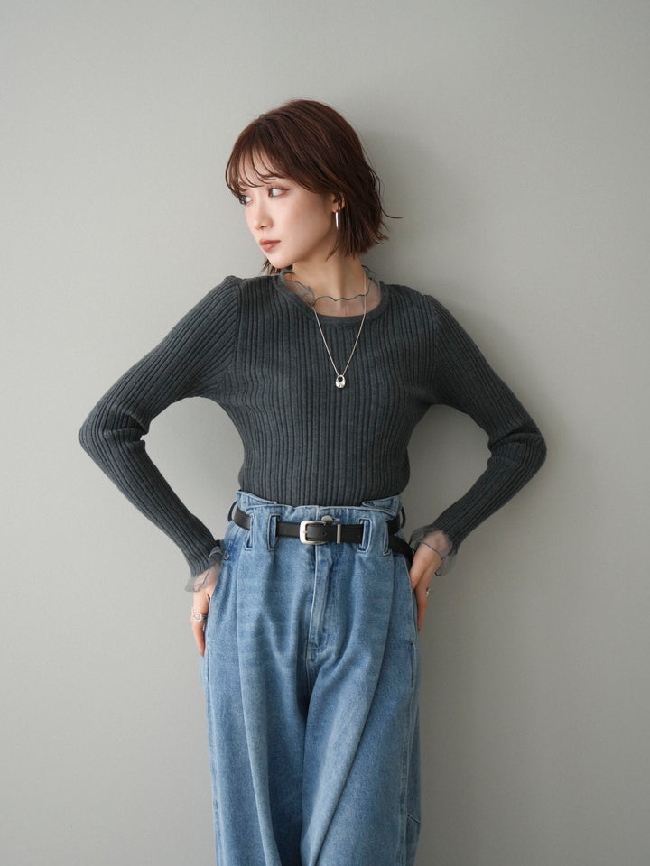 [SET]チュールドッキングリブニットトップス+ハイウエストベルトループデザインデニムパンツ(2set)