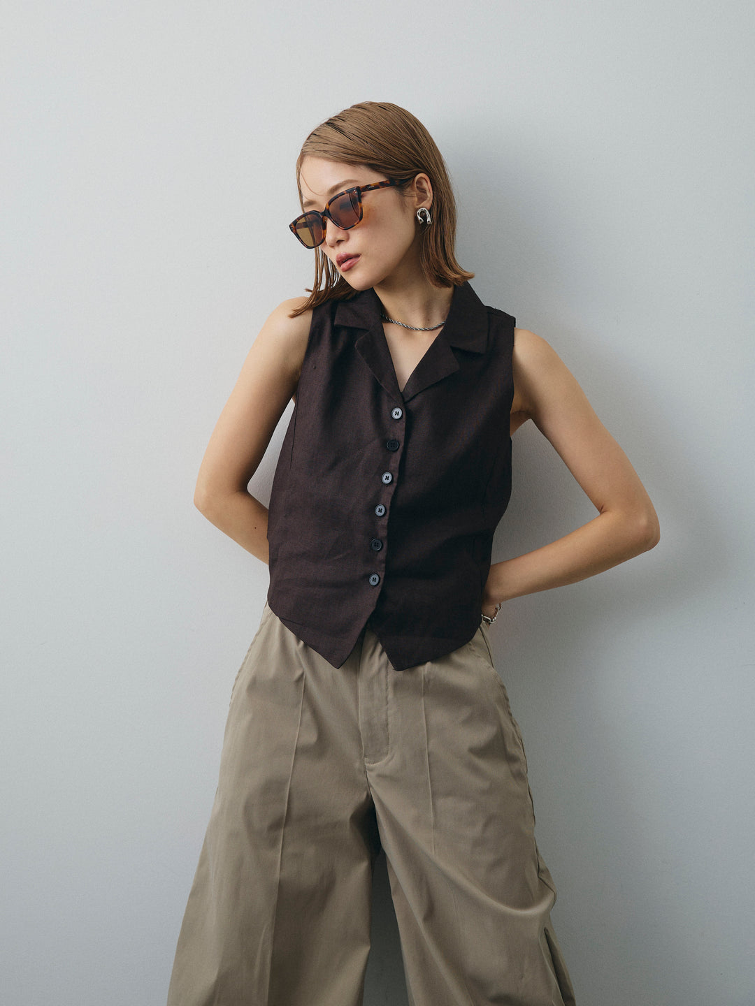 [SET]リネンライクテーラードジレ+コクーンワイドチノパンツ(2set)