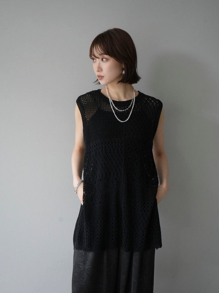 [Pre-order] Openwork side slit knit top/black