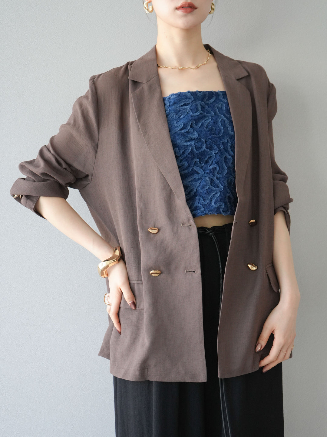 [預購] 金色紐扣透視夾克/棕色