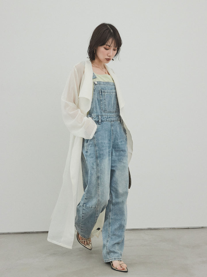 [SET] 中縫牛仔背帶褲 + 方形天鵝絨背心 + 透視長版外套（3 件組）