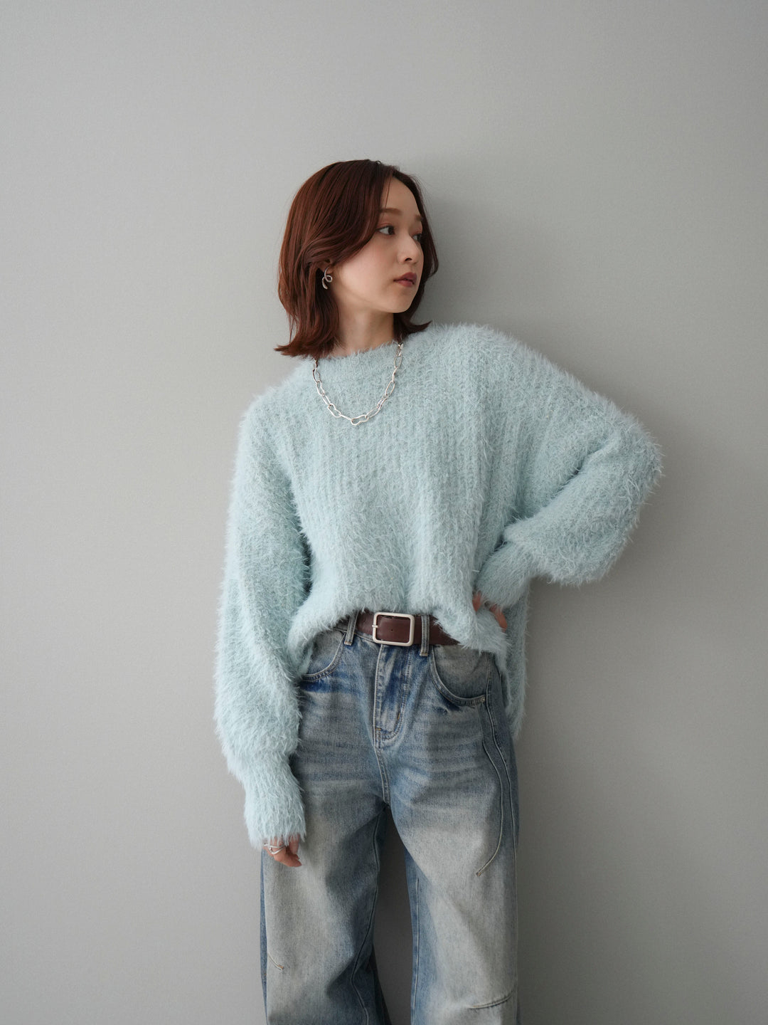 [SET]ボリュームスリーブシャギー MIXニットプルオーバー+ベルト付カーブデニムパンツ(2set)