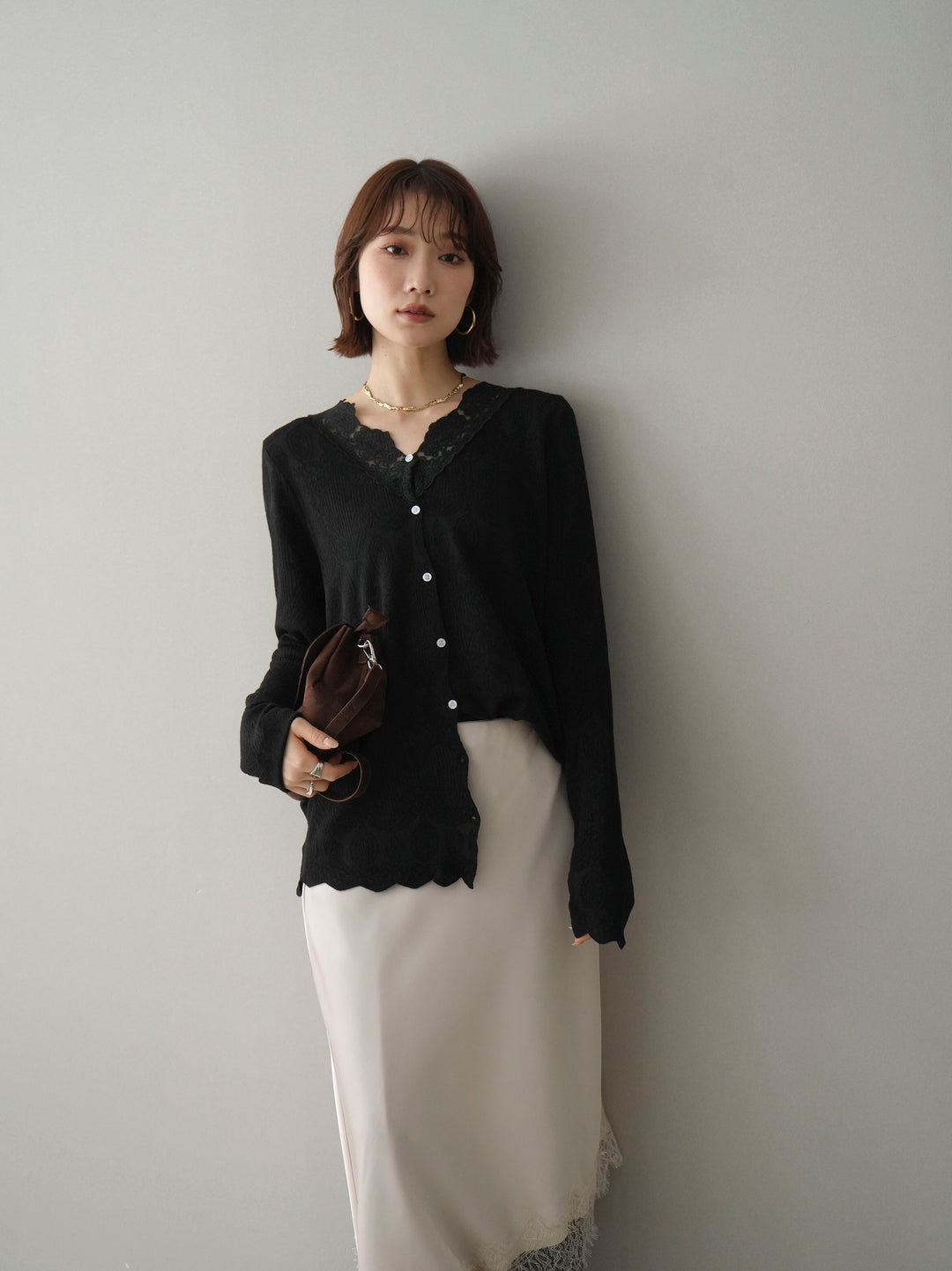 [SET]レースネックジャガードニットカーディガン+選べるアクセセット(2set)