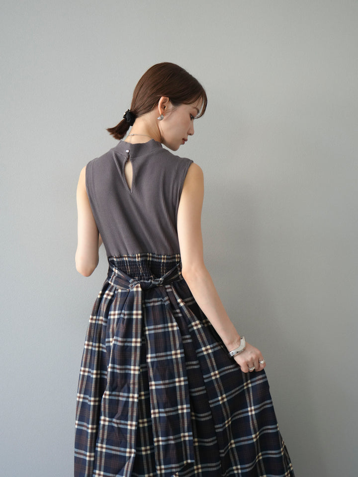 [SET]テレコ×チェックドッキングノースリワンピース+選べるアクセセット(2set)