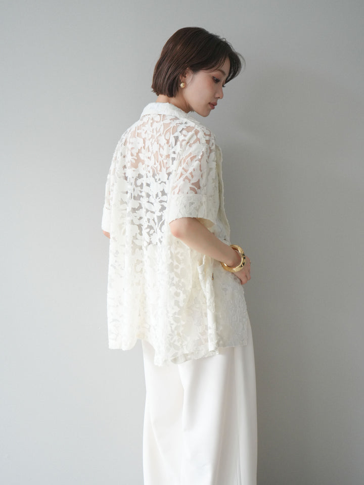 【套裝】花朵蕾絲短袖外套+垂褶收腰帶環長褲（兩件套）