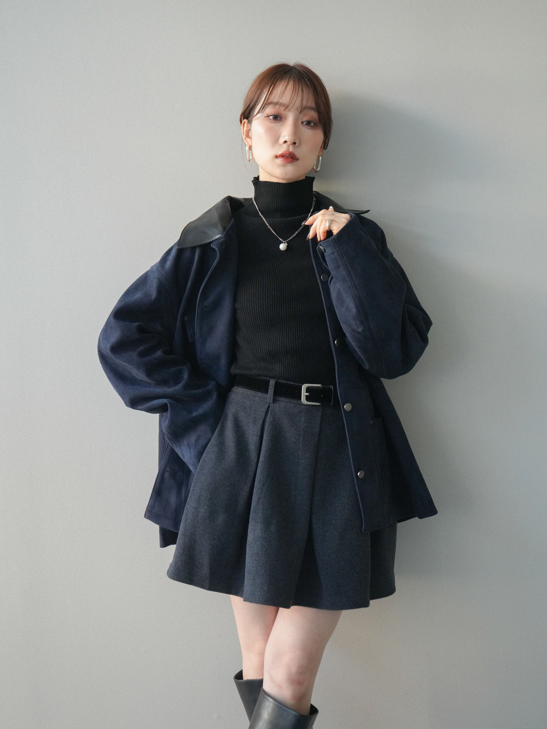 [予約]襟レザーステンカラースエードジャケット/navy