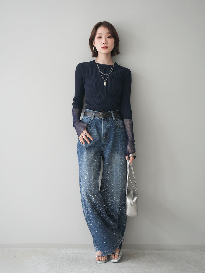 [SET]リブラメシアー切替リブニットトップス+ラインストーンカーブデニムパンツ(2set)