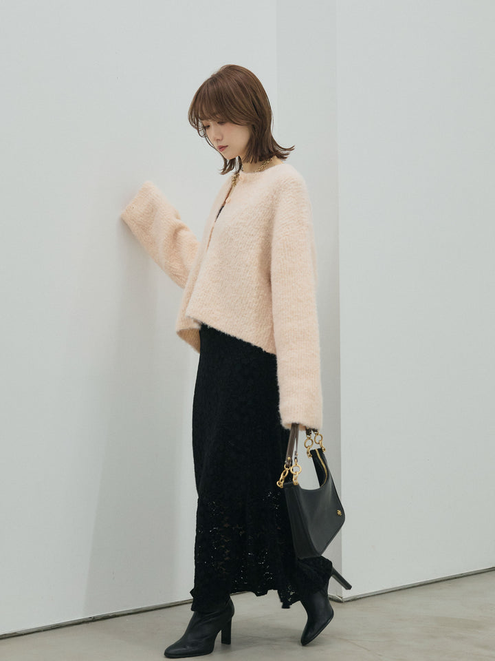 【Allure】[SET]ブークレニットカーディガン+起毛レースストレッチナロースカート(2set)