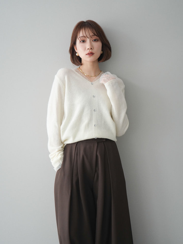 [SET]ドットチュールレイヤードボタンニットトップス+テープベルトタックバギーパンツ(2set)