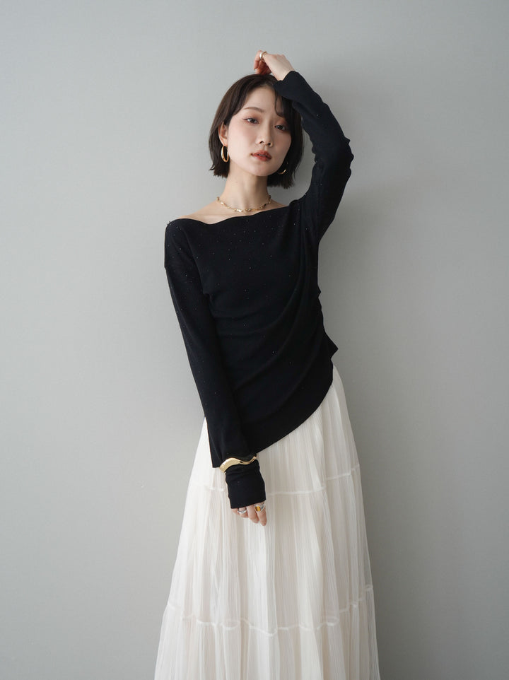 [予約]ラインストーンアシンメトリーニットトップス/black