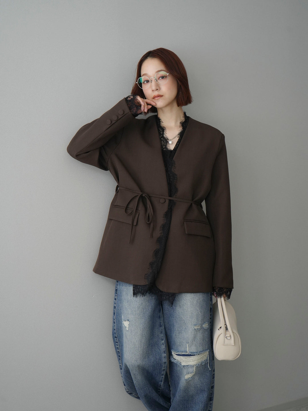 [SET]ノーカラーレースジャケット+ダメージデニムセミワイドパンツ(2set)