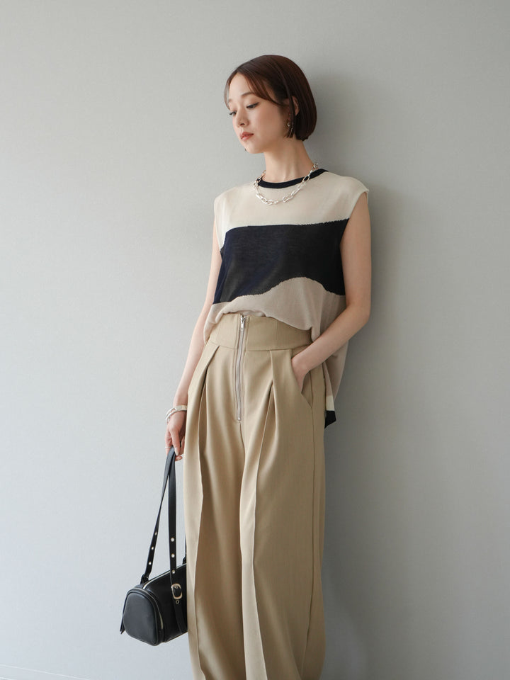 [SET]バイカラーシアーニットノースリーブ+ジップタックワイドパンツ(2set)