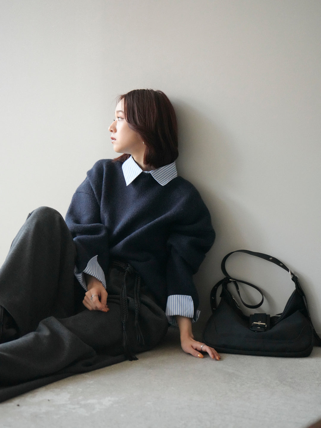 [予約]2WAYストライプ襟ニットプルオーバー/navy