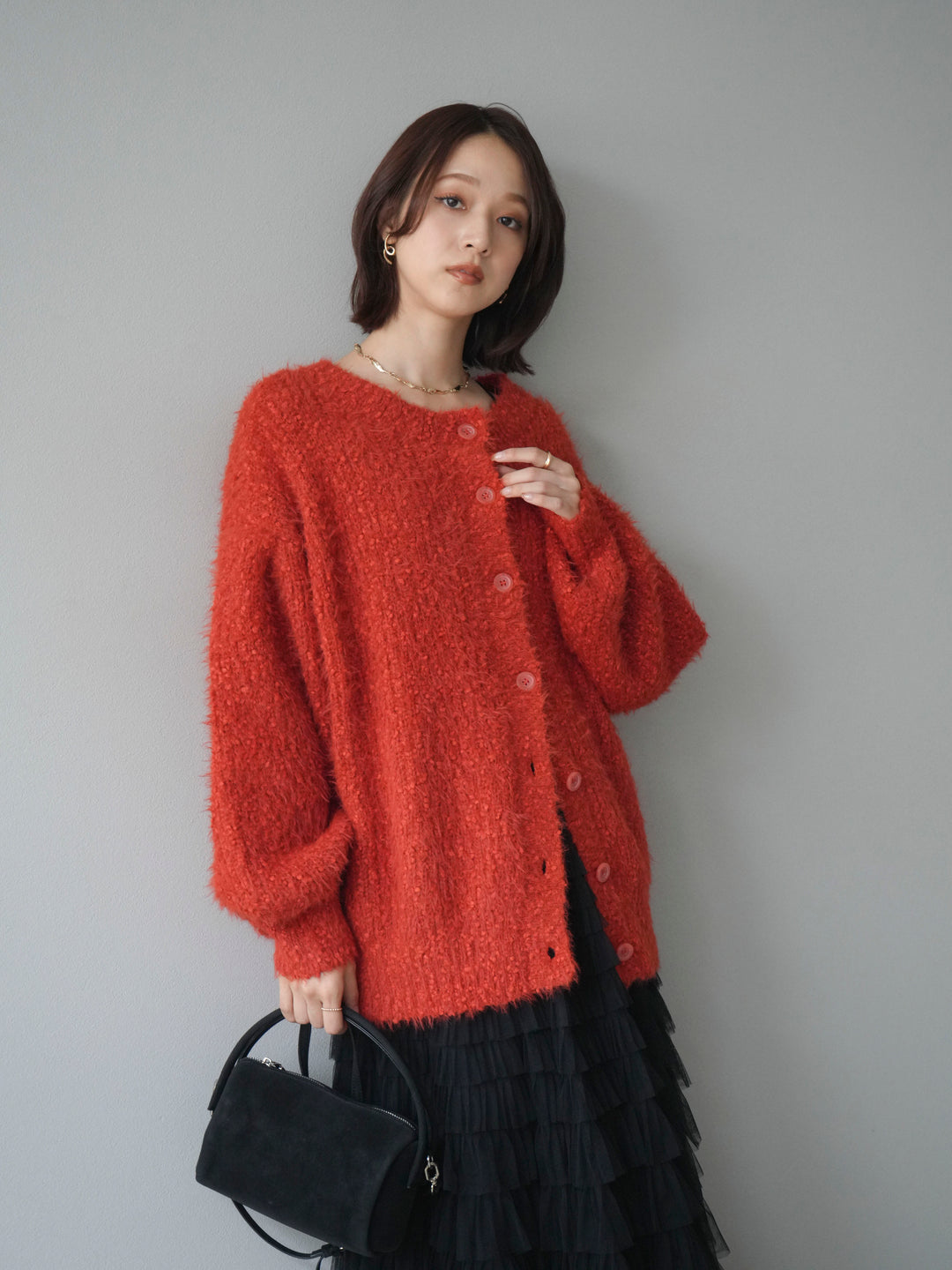 [予約]クルーネックランダムシャギーカーディガン/レッド