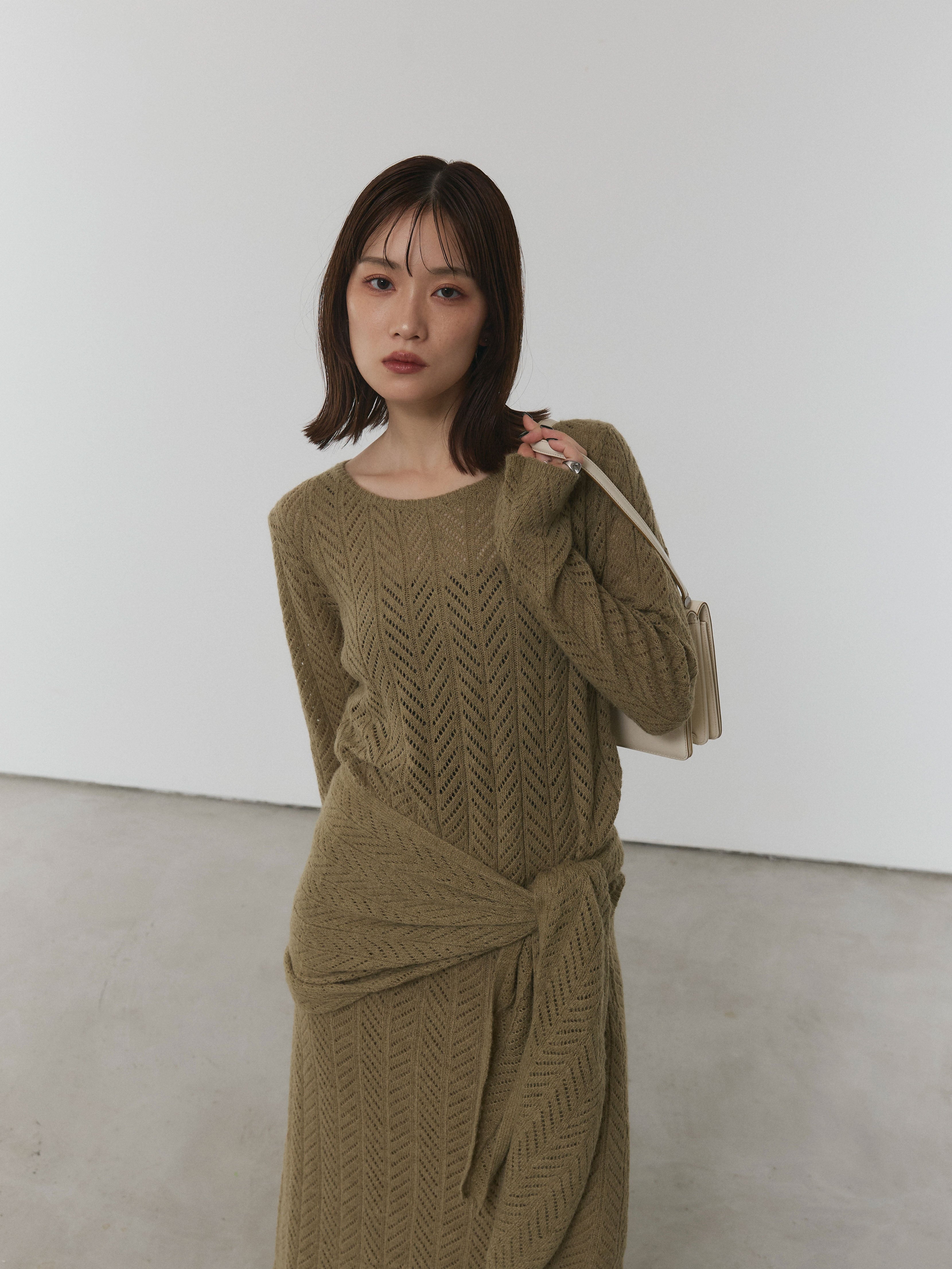 Allure】[SET]透かし編みニットトップス＆スカート3SET+透かし