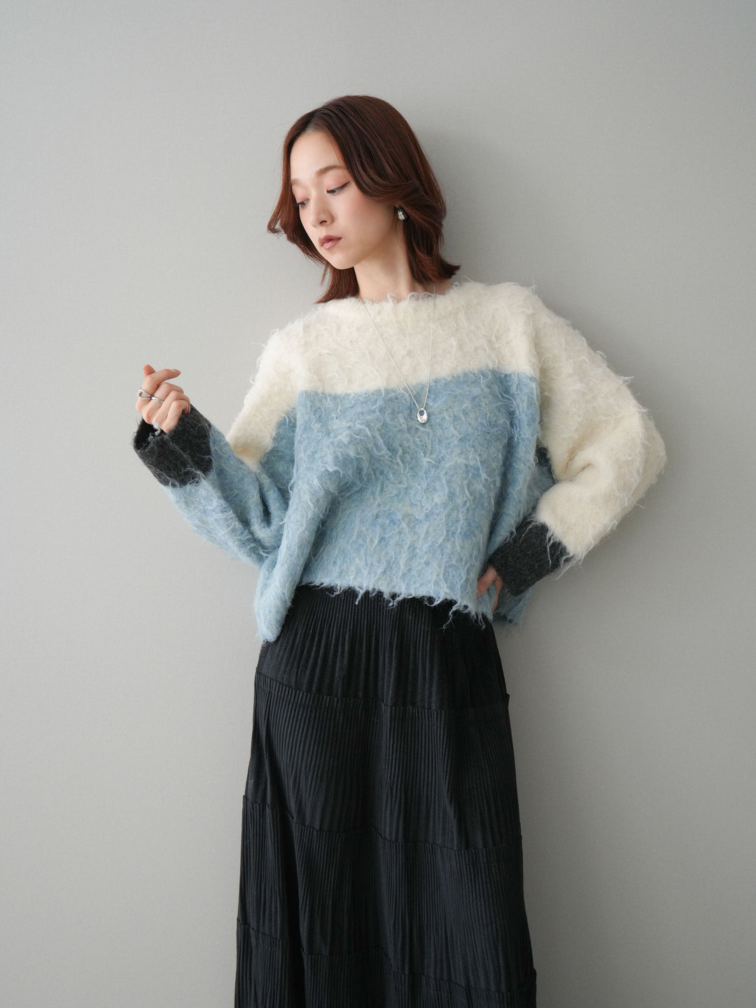 [SET]バイカラーモヘアタッチニットプルオーバー+型押しスエードティアードプリーツスカート(2set)