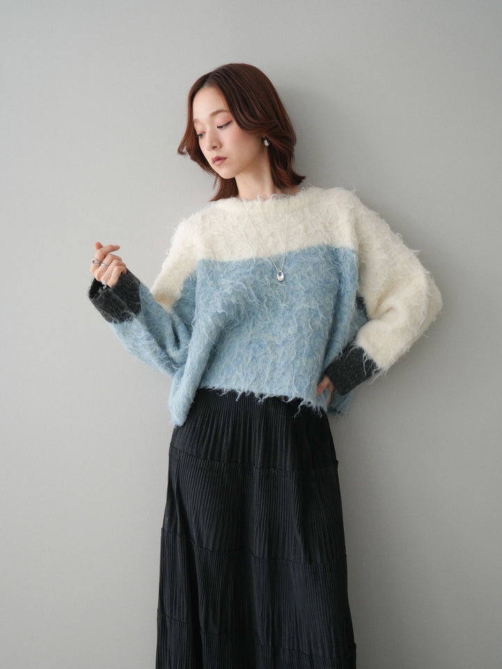 [SET]バイカラーモヘアタッチニットプルオーバー+型押しスエードティアードプリーツスカート(2set)