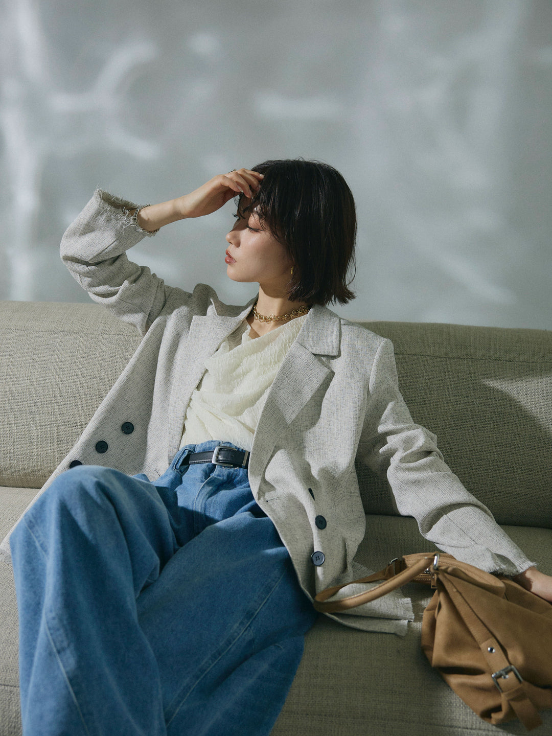 【Allure】[SET]スラブツイードフリンジテーラージャケット+ストレッチレースドレープトップス+ハイウエストベルトループデザインデニムパンツ(3set)