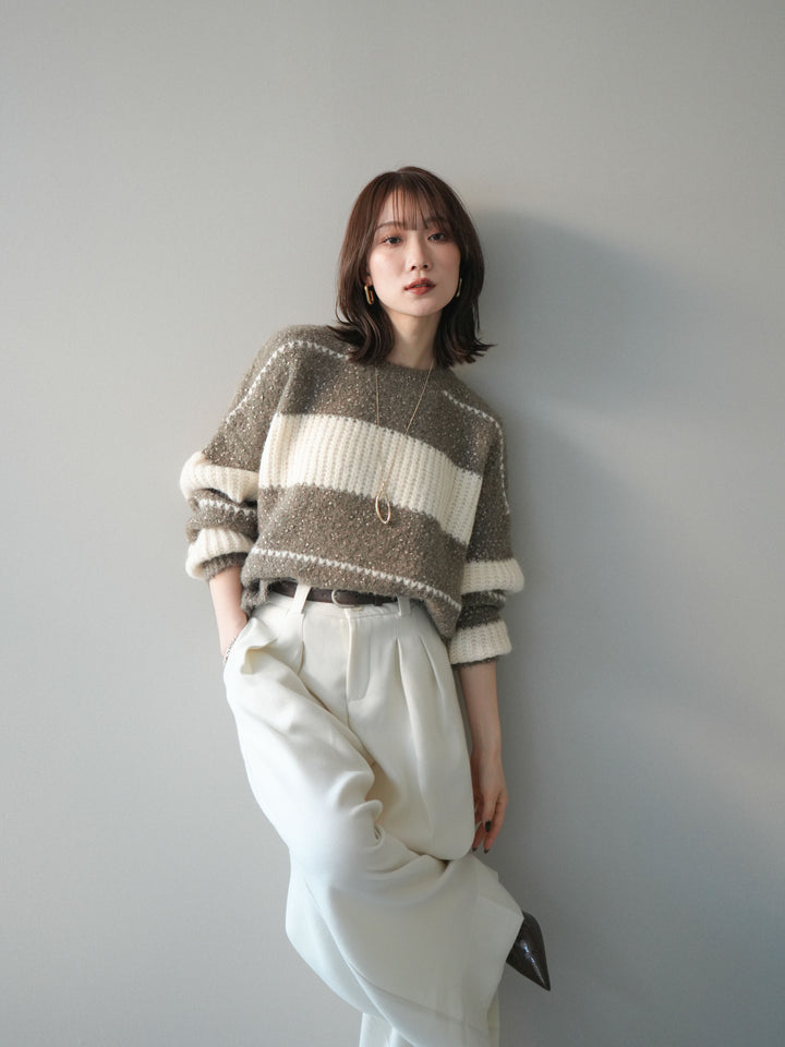 [SET]ネップヤーンボーダーニットプルオーバー+ウールタッチベルト付ワイドパンツ(2set)