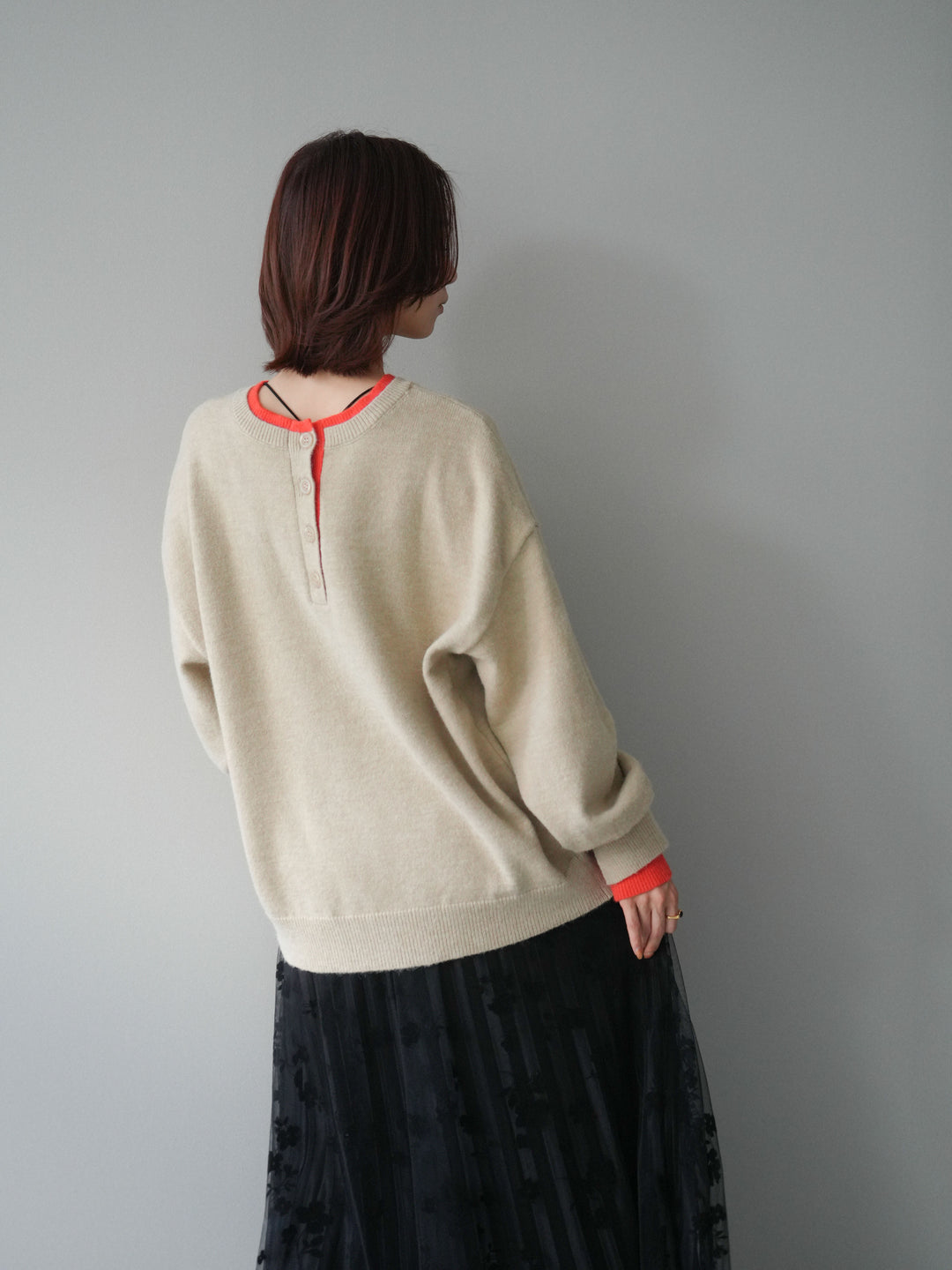 [SET]ヘンリーネック配色レイヤードニットプルオーバー+フラワーフロッキーチュールプリーツスカート(2set)