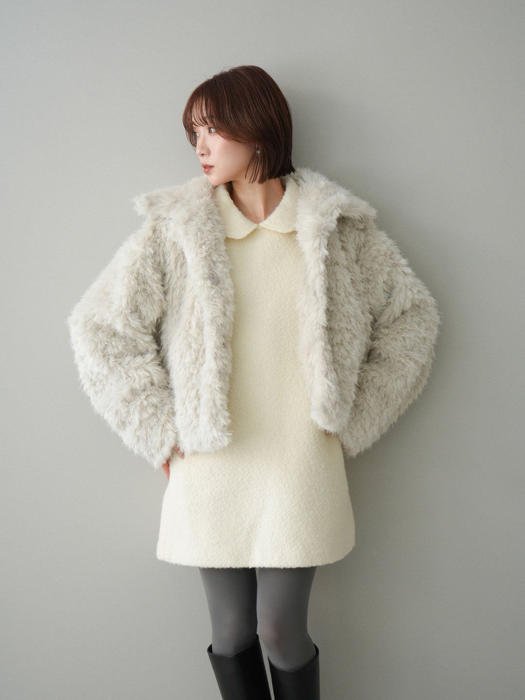 [予約]襟付きブークレミニワンピース/offwhite