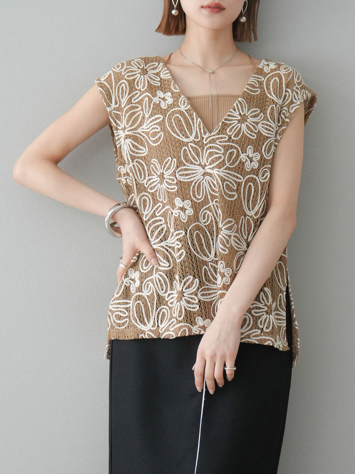 [予約]メッシュコード刺繍ベスト/ベージュ