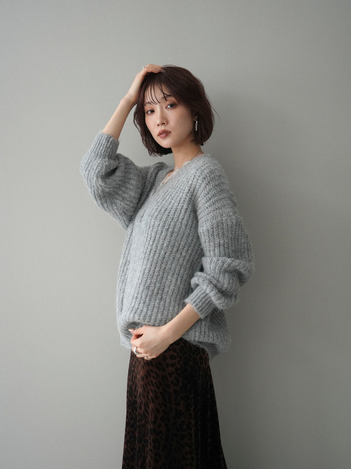 [SET]Vネックレースニットプルオーバー+レオパードベロアナロースカート(2set)